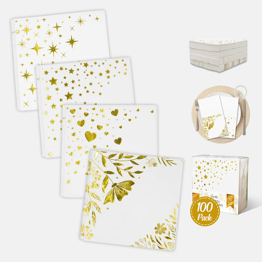 Decorably 3-Ply 100 Pack Disposable Foiled White and Gold Dessert Napkins - 5x5in Folded Square, for Cocktail, Beverage, Appetizers, Dinner, Tea & Garden Party, Bridal & Baby Shower, Birthday, Wedding