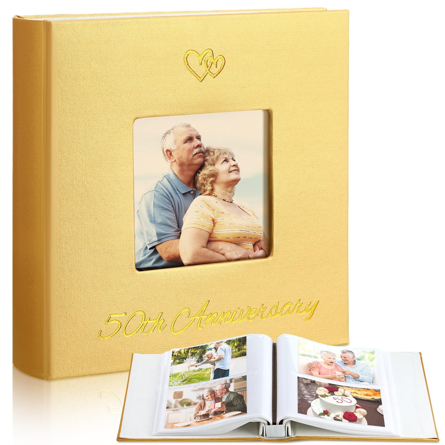 Dunzoom Memory Photo Album Holds 200 Pcs 4 x 6 Inch Leather Wedding Anniversary Family Photo Album with Front Window Double Heart Memory Scrapbook for Couple Gifts(50th Anniversary)