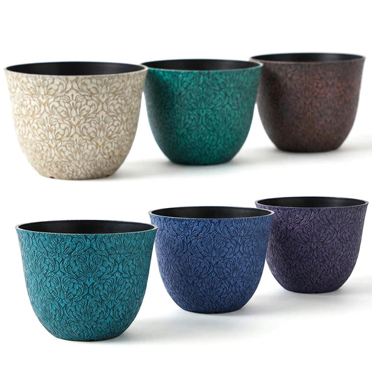Worth Garden Plastic Round 8" Plant Pots for Indoor Plants - Set of 6 Multicolor Small Flower Pots W/Drainage Hole and Rubber Plug - Home Christmas Decorative planters Retro Floral Pattern"