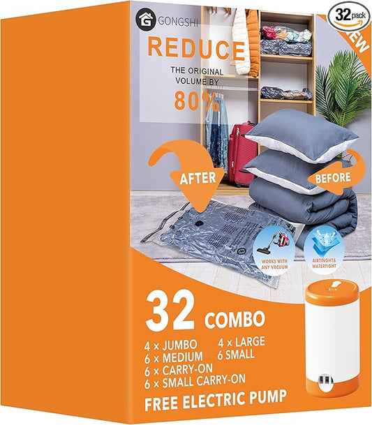 GONGSHI 32 Pack Vacuum Storage Bags with Electric Pump Space Saver Bag for Clothes, Mattress, Blanket, Duvets, Pillows, Comforters,Travel