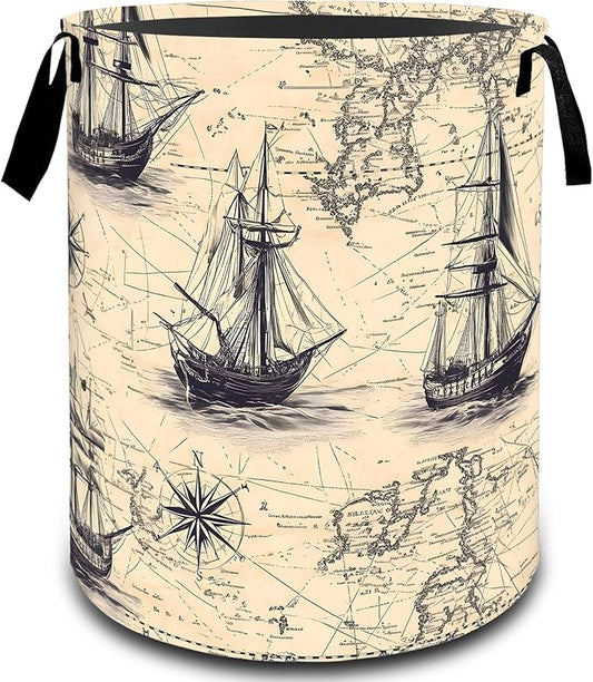 Vintage Nautical Ship Map Laundry Basket, Dirty Collapsible Clothes Toy Organizer Hamper for Kids Adults, Oxford Cloth Waterproof Storage Bin for Bedroom Bathroom Home Decor Gifts, 19.7"X15.7"