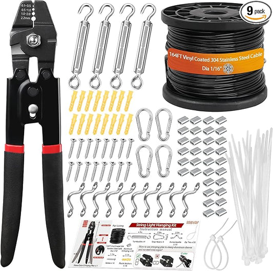 String Lights Hanging Kit, 164 FT Vinyl-Coated Stainless Steel Cable for Outdoor, Heavy Duty Crimping Plier, Turnbuckle & Hooks, Enough Accessories & Use Manual for Clothesline, Garden Rigging