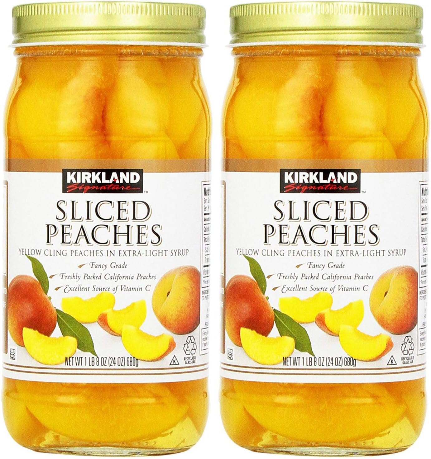 Kirkland Signature Sliced Peaches, 24oz Glass Jar (Pack of 2, Total of 48 Oz)