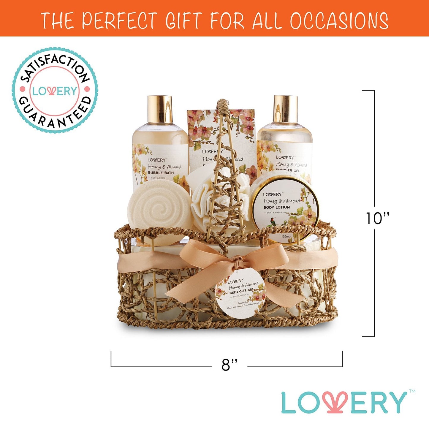 Womens Gifts, Gift Baskets for Women Who Have Everything, Home Spa Honey & Almond Scent, Luxury Bath & Body Set - Shower Gel, Bubble Bath, Body Lotion, Salts, Bath Bomb, Bath Puff & Handmade Basket