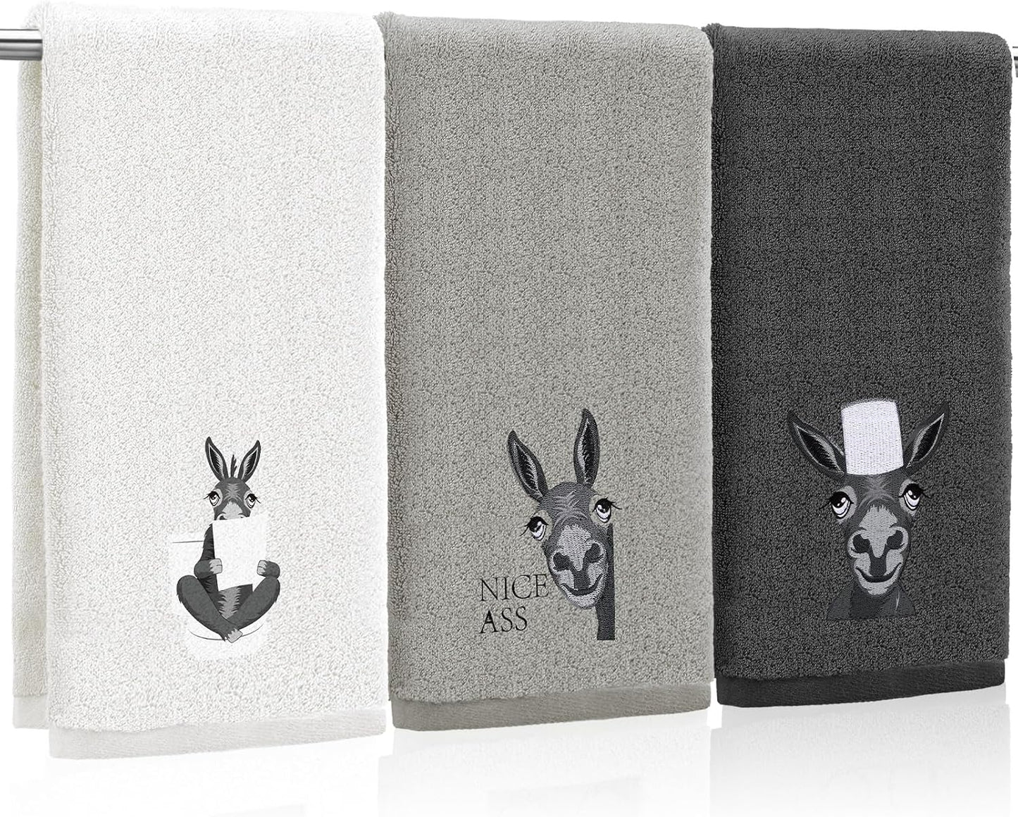 FuWeave 3 Pcs Funny Donkey Hand Towels Embroidered Donkey Farmhouse Decorative Bathroom Towels for Bathroom Kitchen Decor, 100% Cotton, 13.3 x 29.5''