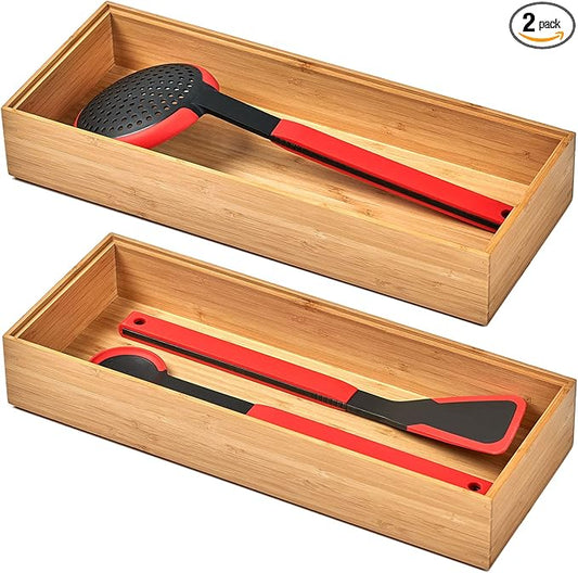 Umilife Bamboo Kitchen Drawer Organizer Boxes with Anti-Skid Silicone Feet, 2pcs Stackable Storage Bins for Kitchen Utensils & Silverware & Desk Drawer & Makeup, Tools Holder, 15âL x 6âW x 2.5âD Each