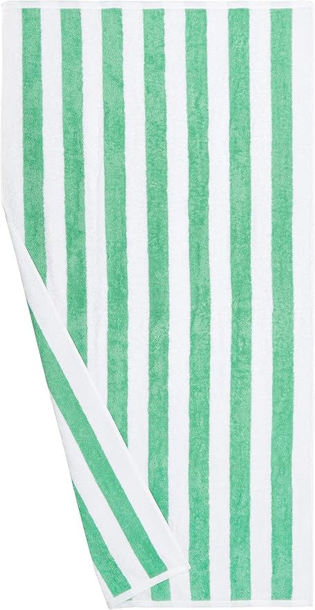 Amazon Basics 100% Cotton Terry Beach Towel, Soft & Absorbent, Quick Drying, Cabana Stripe, Large 30" x 60", Green, 2-Pack
