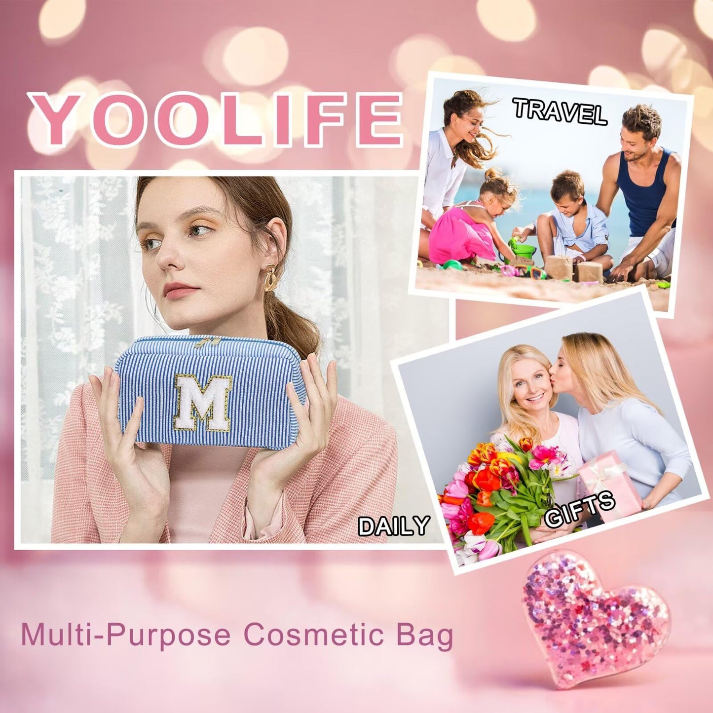 YOOLIFE Initial Makeup Bag - Personalized Monogram Cute Green Makeup Bag Cosmetic Travel Toiletry Pouch Make Up Case for Women Mom Best Friend Bridesmaid Sister Teacher, Birthday Gifts for Women Her H