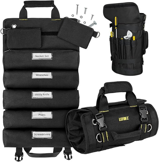 Tool Bag,Large Roll Up Tool Bag Organizer,13 Pockets Tool Roll Storage Pouch,Heavy Duty Portable Tool Storage Carrier Bag for Men,Mechanic,Electrician & Hobbyist,Black