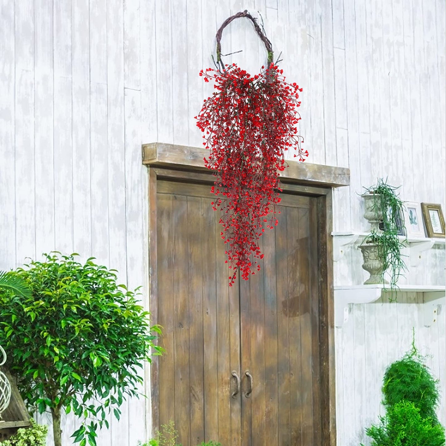 RECUTMS Vine Plant Fake 4 Pcs Ferns Artificial Plants Large Faux Hanging Plant Artificial Hanging Plants Wall Plants Fake Ivy Room Decor Home Garden Wedding Party Indoor Outdoor Decorations(Red 4P)