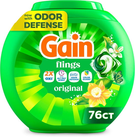 Gain Flings Liquid Washing Detergent Pacs, Now with Odor Defense + Color Guard, Original Scent, 4-In-1 Liquid Laundry Detergent Pods, Clean & Fresh, 76 Count (Packaging May Vary)