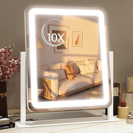 HNV Vanity Mirror with Lights â 15"x13" Large Makeup Mirror with Light, 3-Color Dimmable LED, Touch Screen, 360Â° Rotation, Tabletop Vanity Mirror for Bedroom or Desk (White)