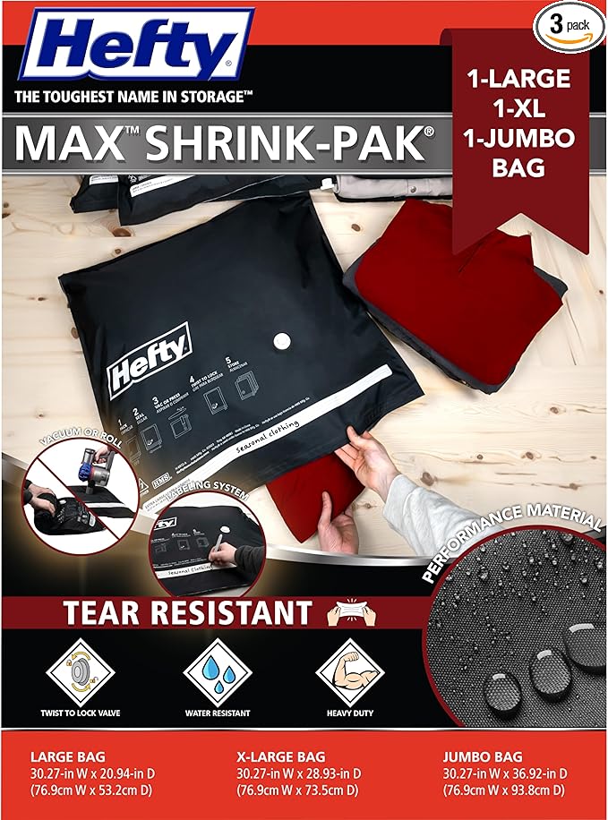 Hefty MAX Shrink-Pak Vacuum Storage Bags Combo Pack â Max Strength Tear-Proof Bags For Clothes, Pillows, Towels, Blankets & More â Space Saver Suction Sealer Bags for Homeâ 1 Large, 1 XL, 1 Jumbo
