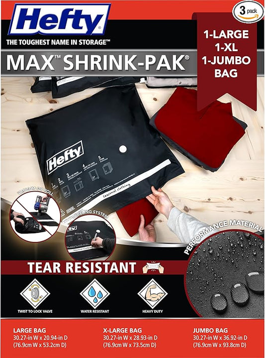 Hefty MAX Shrink-Pak Vacuum Storage Bags Combo Pack â Max Strength Tear-Proof Bags For Clothes, Pillows, Towels, Blankets & More â Space Saver Suction Sealer Bags for Homeâ 1 Large, 1 XL, 1 Jumbo