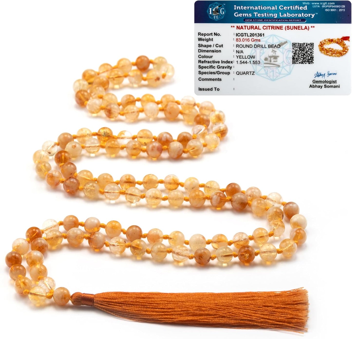 8mm Yellow Citrine Mala – 108 Bead Meditation & Prayer Necklace, Natural Gemstone Healing Beads with Lab Certified Authenticity
