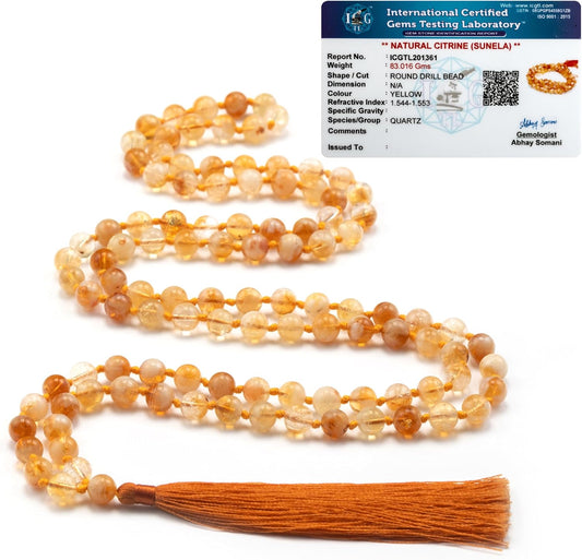 8mm Yellow Citrine Mala – 108 Bead Meditation & Prayer Necklace, Natural Gemstone Healing Beads with Lab Certified Authenticity
