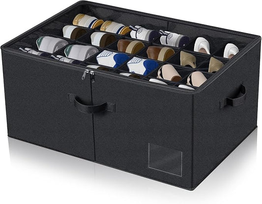 24 Pair Shoe Storage Box, Foldable Closet Shoe Organizer with Adjustable Dividers & Clear Cover, Space-Saving Shoe Containers for Home