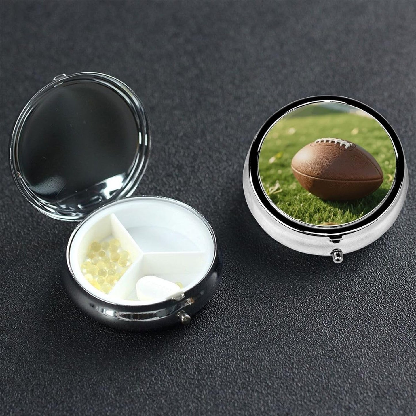 Rugby Pill Box Small Pill Case with 3 Compartments and Mirror, Portable Round Medicine Pill Organizer Box Portable Travel Metal Pill Case Box for Pocket or Purse