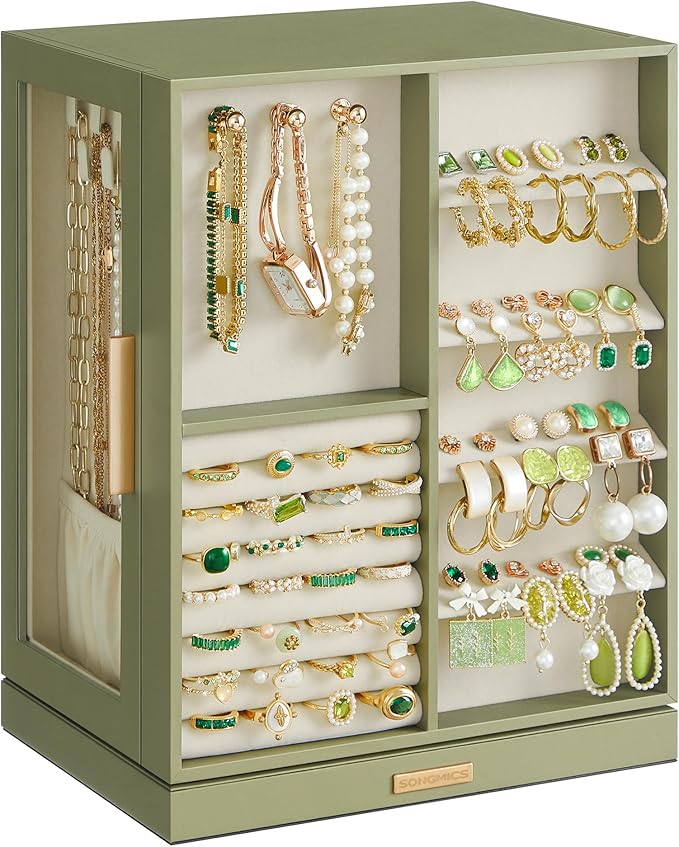 SONGMICS Jewelry Box 360Â° Rotating, Jewelry Storage Case with 5 Drawers, Jewelry Organizer, Glass Window, Spacious, Vertical Jewelry Storage, Open Design, Great Gift, Laurel Green UJBC170C02