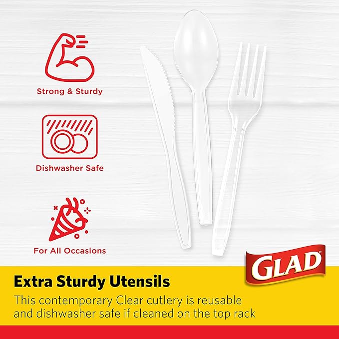 Glad Clear Disposable Cutlery Set with Heavy Duty Plastic Forks, Knives, and Spoons, Reusable Dishwasher Safe Plastic Utensils for Parties and Everyday Use, 150 Count