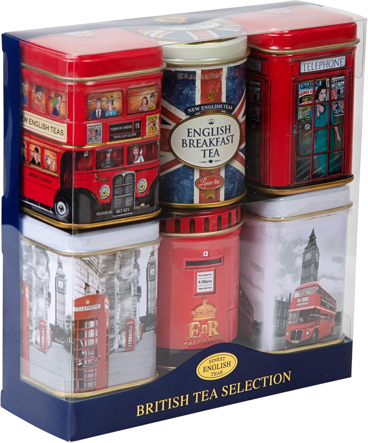 New English Teas British Icons 6x Tea Tin Gift Pack with 140g Loose English Tea - Union Jack, London Bus and Phone Box, UK Souvenir