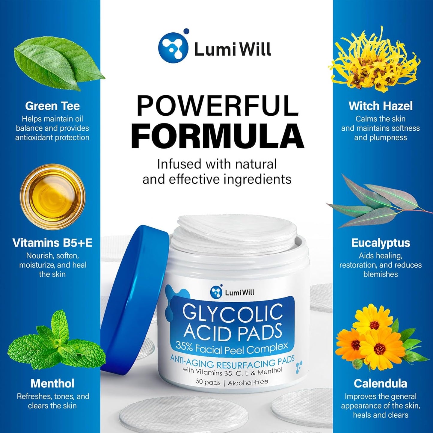Glycolic Acid Pads - Exfoliating Pads with Glycolic Acid, Vitamins B5, C, E & Menthol - Peel Pads for Acne - Anti-Aging Glycolic Acid Resurfacing Pads for Fine Lines and Wrinkles - 50 Pads
