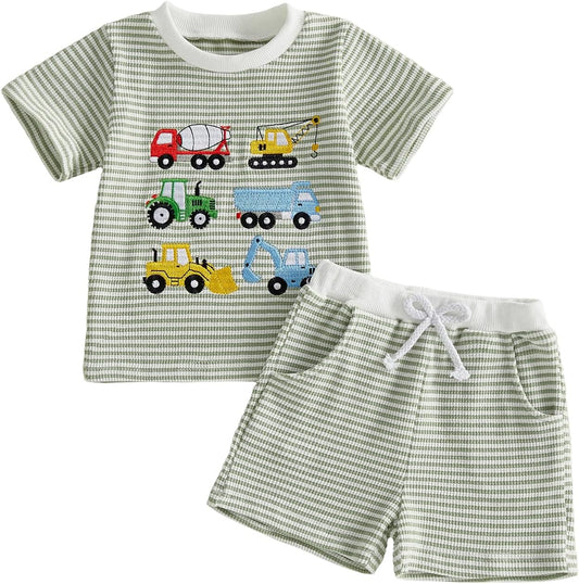 Toddler Baby Boy Summer Clothes Waffle Truck Embroidery Short Sleeve Tops T-Shirt and Shorts Sets Cute 2Pcs Outfits