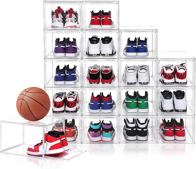 12 Pack Shoe Boxes, Acrylic Clear Shoe Boxes,360Â°Clear Plastic Stackable Shoe Display Box, Larger Shoe Storage Boxes, Shoe Containers, fit up to Us size 14