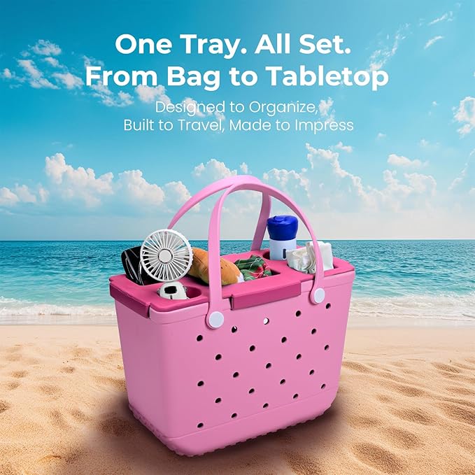 Tote Topper Tray Accessories for Bogg Bag Large Only – Waterproof EVA Table Top Organizer Lid with Cup Holder, Snack, Phone & Drink Holders for Beach, Pool, Picnic, Travel (Pink)