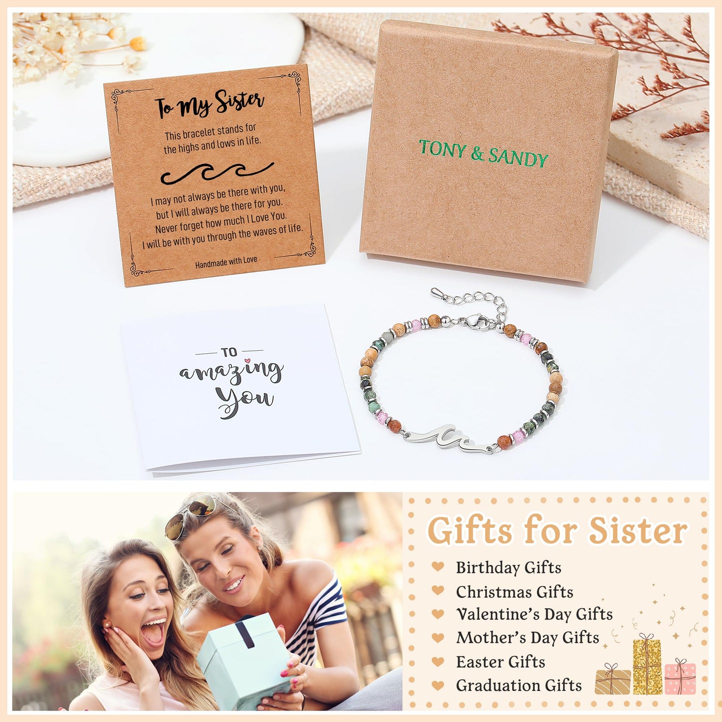 TONY & SANDY Sister Gifts, Wave Bracelet for Women, Sister Birthday Christmas Gifts, Sisters Bracelet, Unique Mother's Valentine's Day gift for Big Little Adult Soul Sisters Jewelry Present