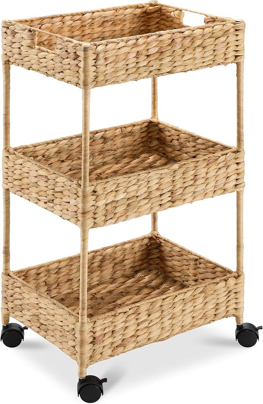 Best Choice Products 3-Tier Water Hyacinth Rolling Nursery Caddy w/Wheels, Utility Cart, Storage Organization for Bathroom, Craft Room, Laundry Roomâ Natural