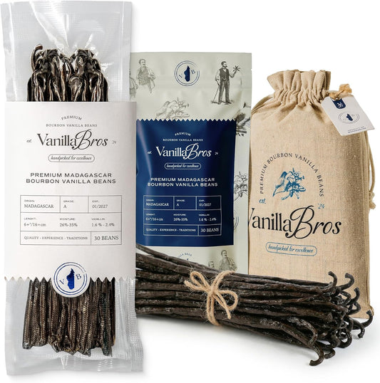 30 Madagascar Vanilla Beans Grade A - Gourmet Bourbon Vanilla Pods 6.3-8.3" - For Baking, Cooking & Homemade Vanilla Extract - VanillaBros