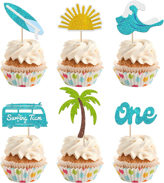 Rsstarxi 24 Pack Surfing Theme First Birthday Cupcake Toppers The Big One Party Decorations Surfboard Sport Cupcake Picks for Summer Beach Baby Shower 1st Birthday Party Decorations