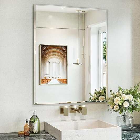 Beveled Bathroom Mirror, 24"x30" Frameless Mirror, Bathroom Vanity Wall Mirrors for Over Sink, Bedroom, Living Room Hangs Horizontally or Vertically