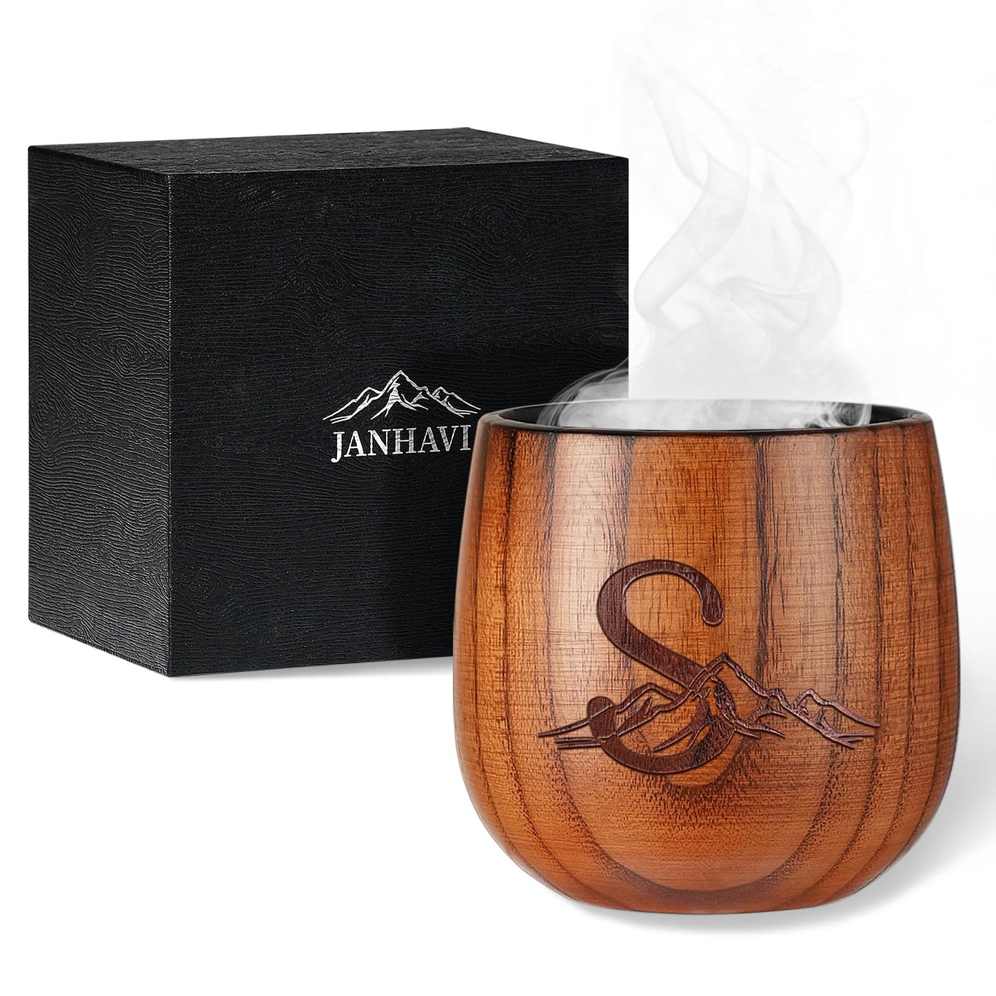 Janhavi Original Charred Wooden Bourbon Drinking Glass,Personalized Whiskey Glasses with Initials,Unique Gifts for Men Husband,Father,Brother Friends,Mens Birthday Gift Ideas,Wooden Whiskey Cup (S)