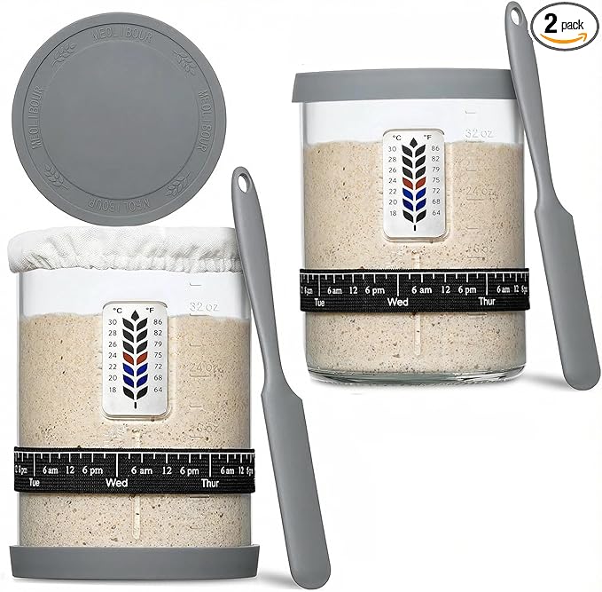 2 Pack Premium Pro Sourdough Starter Jar Kit - 40oz Large Wide Mouth Sourdough Bread Jar with Marked Feeding Band, Thermometer, Scraper, Cloth Cover & Silicone Lid/Base, Glass Container, Baking Supply