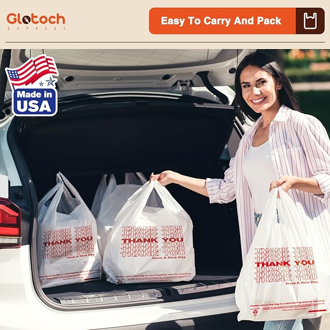 Glotoch 10000 (10K) Count Plastic Thank You Bags for Small Business in Bulk, 11.5 x 6.5 x 21" White Grocery Bag with Handles for Restaurant, Retail, Takeout, Convenience Stores, Shopping T-shirt bags