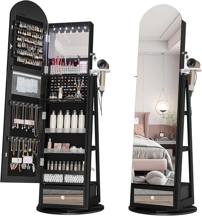 LVSOMT 360Â° Swivel Arched Jewelry Mirror Cabinet, 64"H Standing Jewelry Armoire with 6 LED Lights, Lockable Jewelry Organizer, Arch Full Length Mirror with Storage, Inner Makeup Shelf, Drawers (Black)