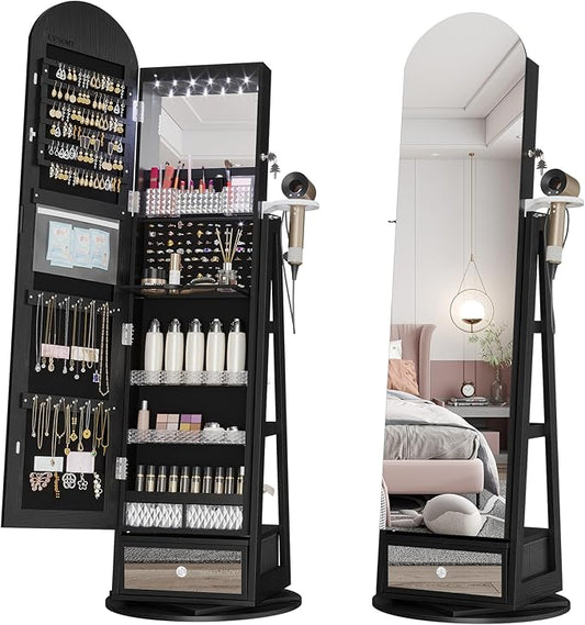 LVSOMT 360Â° Swivel Arched Jewelry Mirror Cabinet, 64"H Standing Jewelry Armoire with 6 LED Lights, Lockable Jewelry Organizer, Arch Full Length Mirror with Storage, Inner Makeup Shelf, Drawers (Black)
