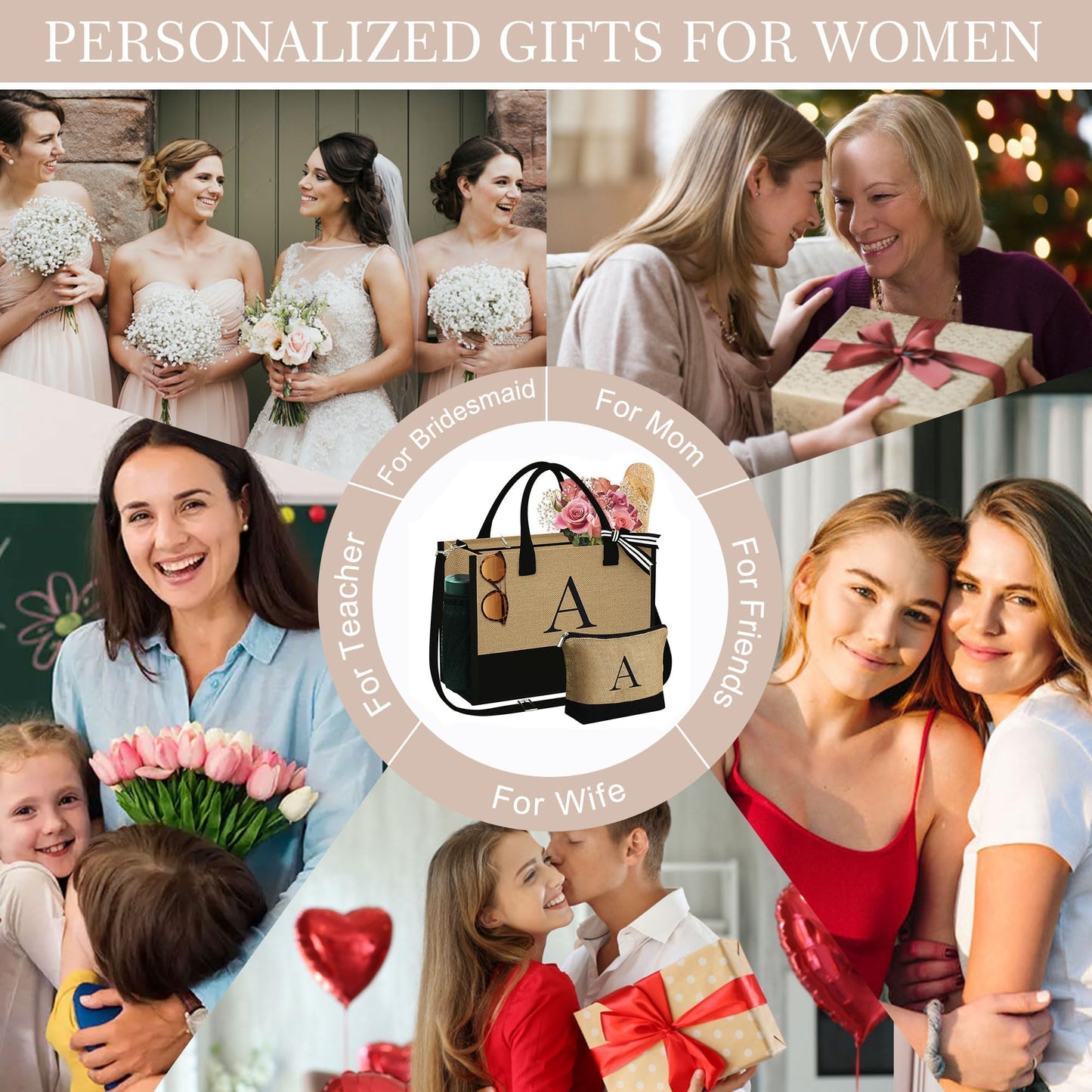 YOOLIFE Gifts for Women - Birthday Gifts for Women, Personalized Gift for Mom Sister Teacher, K Initial Tote Bag, Gift for Her, Friend Teacher Wife Mom Birthday