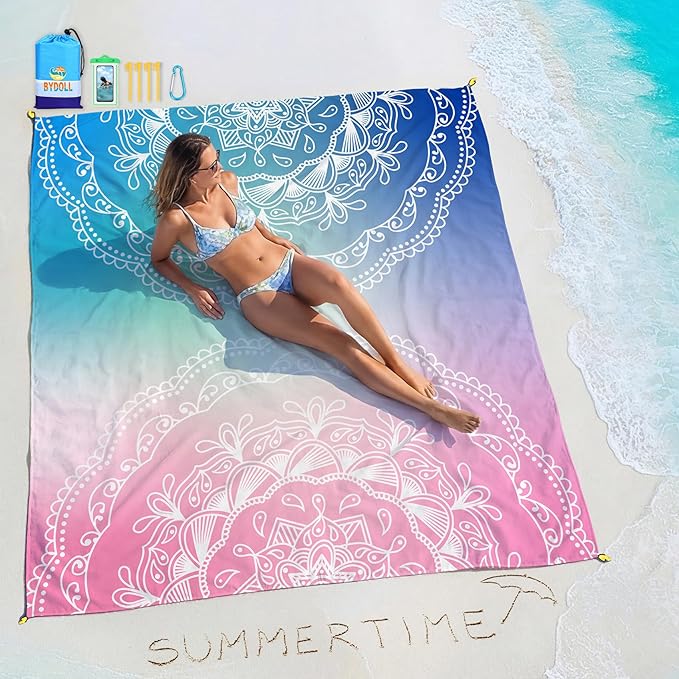 BYDOLL Beach Blanket Waterproof Sandproof 78''×81'' Suits1-4 Adults Compact Lightweight Oversized Sand-Free Blanket Large Picnic Mat for Beach Travel Camping Hiking