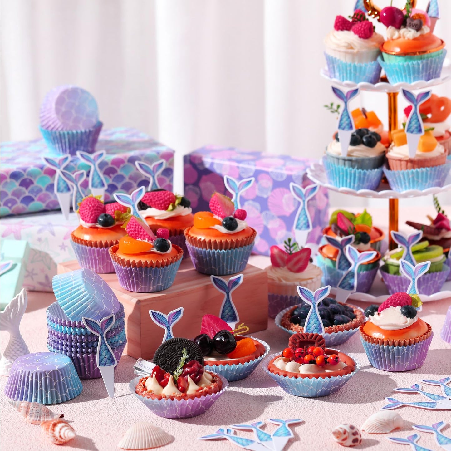 Vesici 200 Counts Cupcake Liners and 200 Counts Cupcake Toppers Round Baking Cups Greaseproof Muffin Liners for Graduation Wedding Baby Shower Birthday Theme Party Supplies(Mermaid)