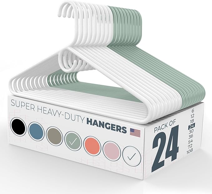 Neaties Super Heavy Duty Clothes Hangers 20 Pack (24 Count) â Made in The USA - 10lb Capacity, Thick Plastic Hangers for Pants, Coats, Jackets, Jeans and Adult Clothing â White & Mint