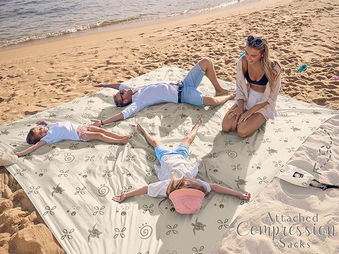 WEKAPO Beach Blanket Waterproof Sandproof Oversized Extra Large Sand Free Beach Mat with Stakes, Storage Bag - Essentials for Outdoor Beach, Picnic (Light Small Sea Turtle, 11 X 9 FT (1~10 Person))