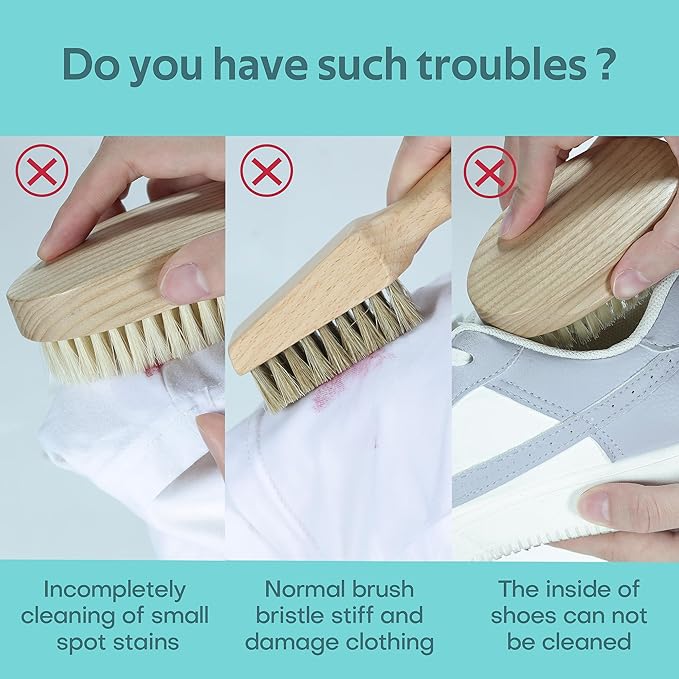 BFWood Laundry Stain Brush, Natural Soft Boar Bristles, Removes Tough Stains from Delicate Fabrics Like Knits, Cotton, and Linens, Gentle on Fabrics, No Damage