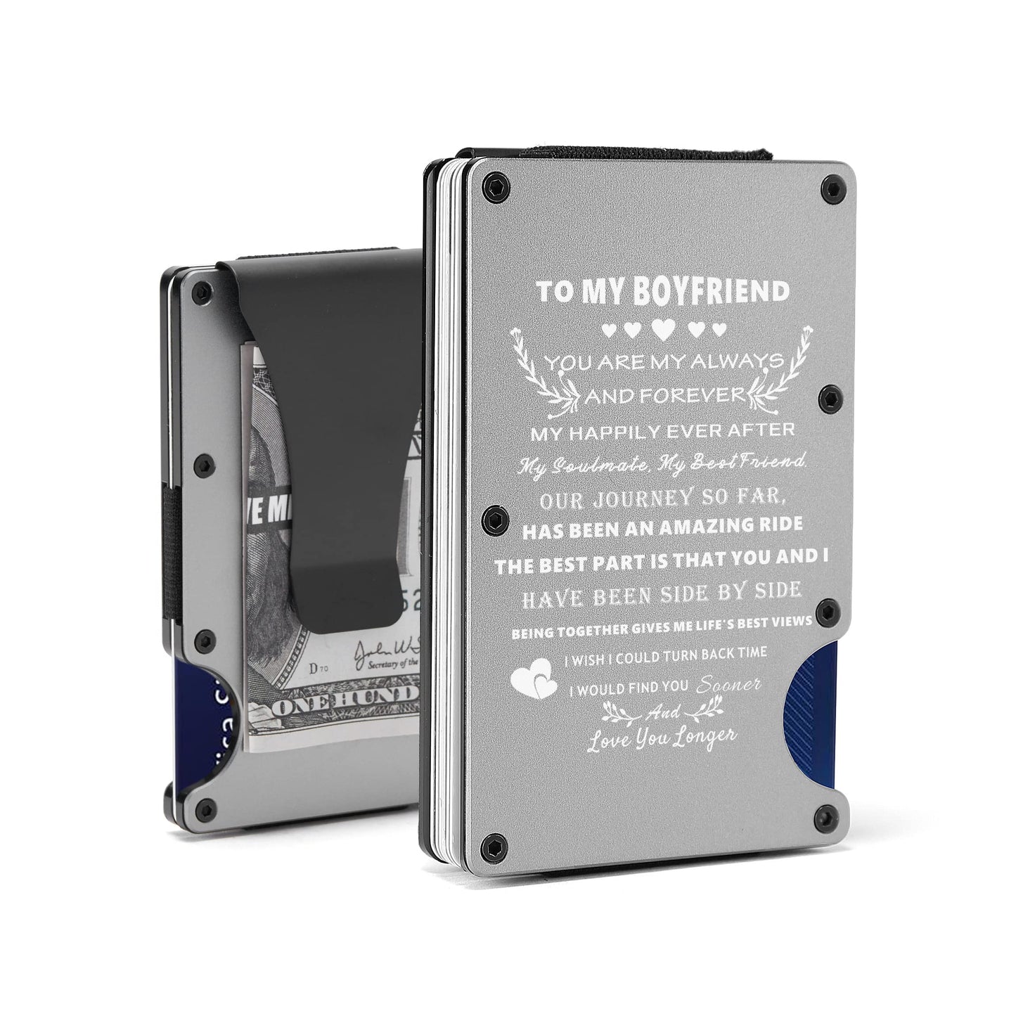 To My Boyfriend Gift | Men Minimalist Personalized Engraved Metal Wallet from Girlfriend | Custom Love Message Slim Aluminum Card Holder with Money Clip | Birthday Anniversary Christmas Valentines Day