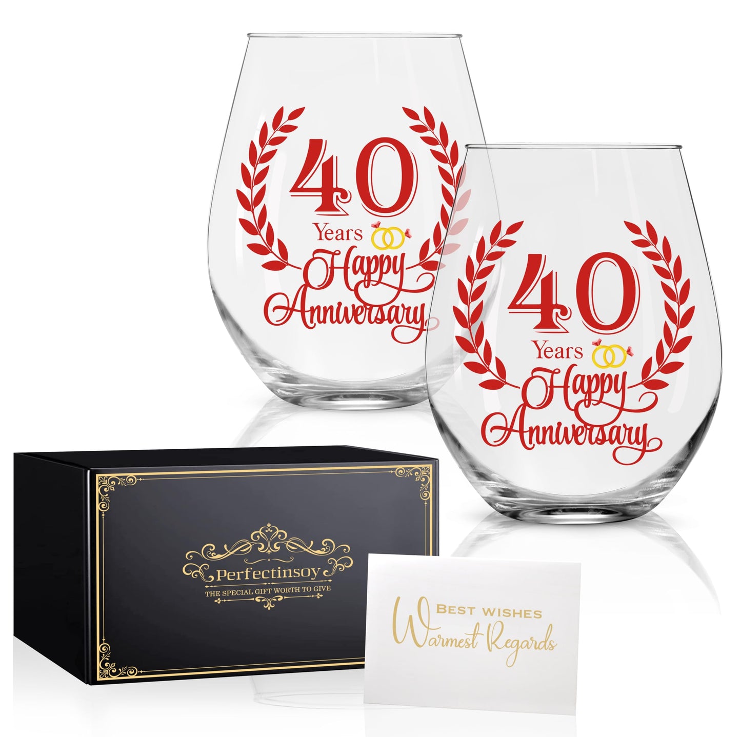 Perfectinsoy 40 Years Happy Anniversary Wine Glass Set of 2, 40th Anniversary Ruby Wedding Gifts for Mom, Dad, Wife, Soulmate, Couple, Funny Vintage Unique 40 Years Gifts, Wedding Present for Her Him