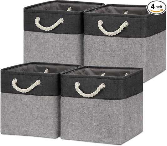 Temary 12 Inch Cube Storage Baskets 4 Pack Fabric Storage Bin for Clothes, Large Baskets with Handles, Basket for Organizing Towels, Blankets, Collapsible Cube Storage Bins (Black&Gray)