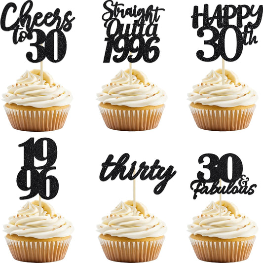 6Pcs Vintage 30th Cupcake Toppers Black Glitter Happy 30th Birthday Decorations Thirty 1996 Fabulous Cupcake Picks for Cheers to 30 Years for 30th Birthday Anniversary Party Cake Decorations Supplies
