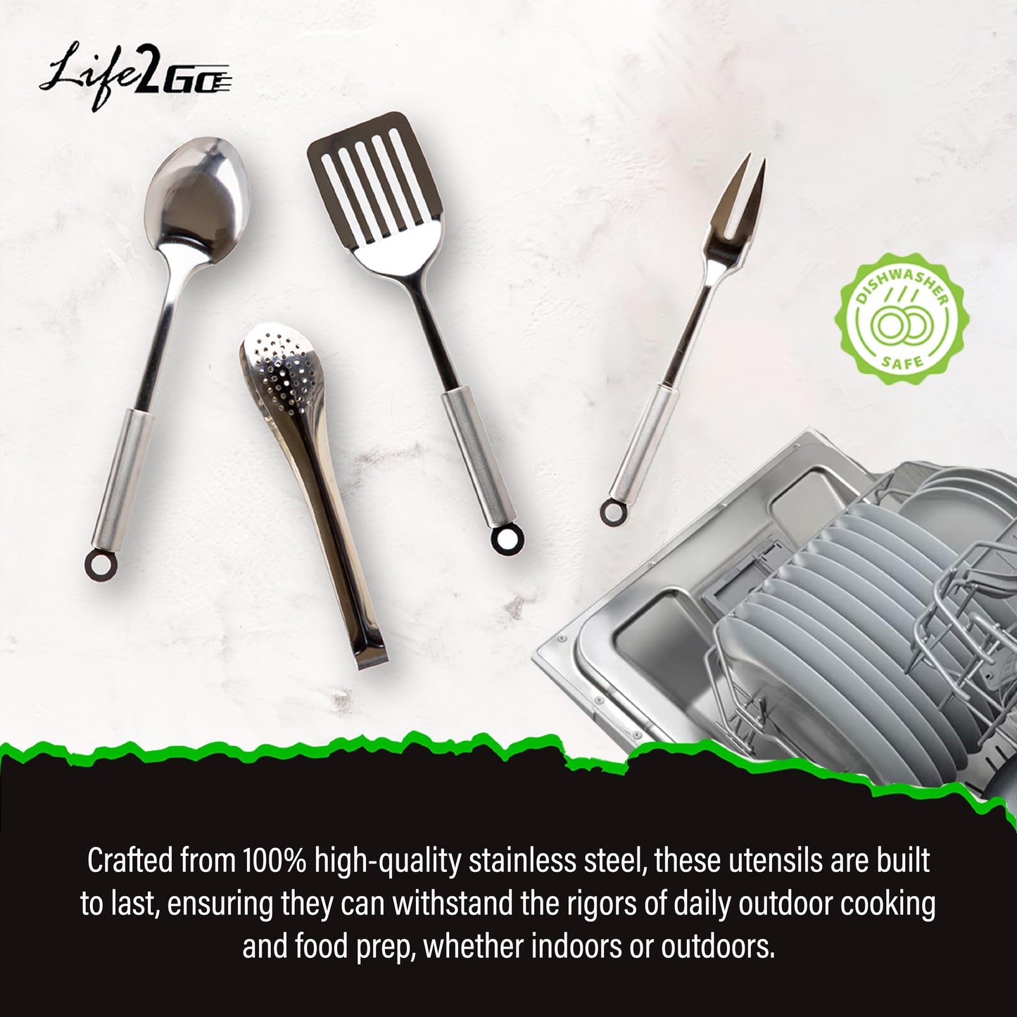 Life 2 Go 12 Pcs Camp Cooking Utensil Set & Outdoor Kitchen Gear Cookware Kit, Portable Compact Carry Case for Camping, Hiking, Travel, BBQ Grilling Stainless Steel Accessories Spoon & Fork, Navy